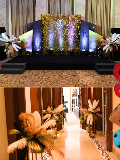 A collage of the Gatsby party decor. The glittering stage backdrop, feather centerpieces, and themed hallway decor all worked together to create a cohesive and glamorous 1920s atmosphere.