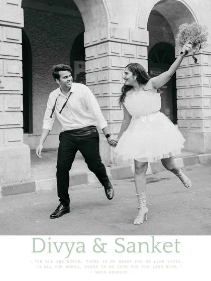 A joyful, skipping pose that captures the excitement of being engaged. This black and white shot is full of movement and happiness, framed with a custom graphic for their love story.