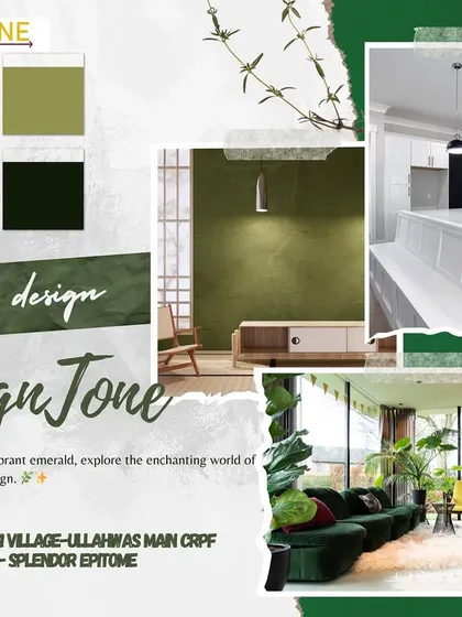 A mood board centered around green hues in interior design, from soothing sage to vibrant emerald, showcasing our versatility with color.
