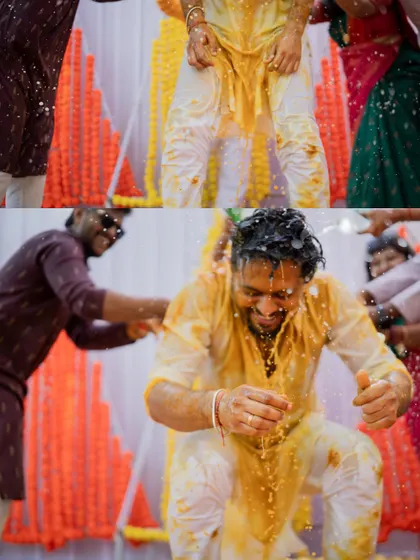 A dynamic collage of the groom being drenched during his Haldi, capturing the action and his joyful reaction.