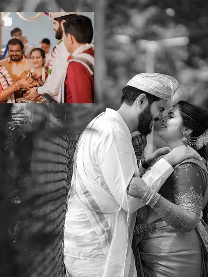 A collage capturing the love story of a couple from different regions, blending North and South Indian traditions in their beautiful wedding.