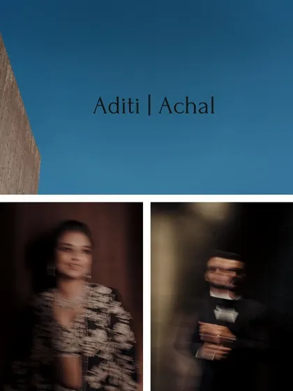 An artistic collage for the Sangeet night, featuring motion-blur portraits of the couple against a minimalist blue sky graphic.
