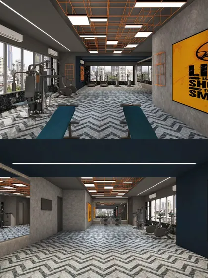A preview of the gym we designed for the Jade Crest residential building. The space features a dynamic chevron-patterned floor, an industrial-style open grid ceiling, and large windows to create an energetic and motivating workout environment.