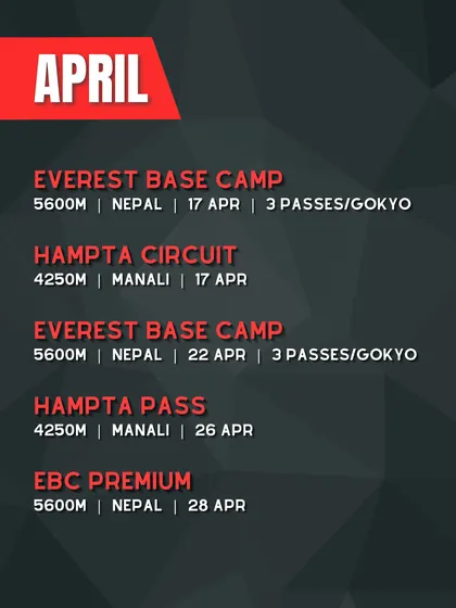 Our trek calendar for April 2025. This is a prime month for trekking in Nepal, with batches for Everest Base Camp and the Hampta Circuit in Manali.