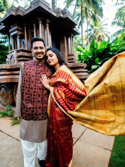 A beautiful shot capturing the flowing fabric of the bride's saree against a traditional backdrop.