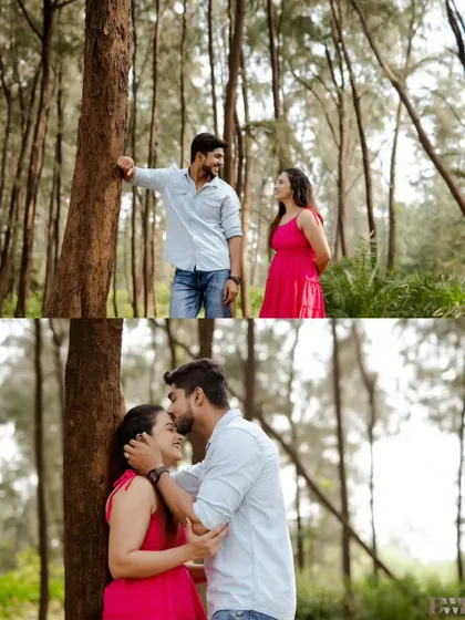 A collage of intimate moments in the woods. From a shared glance to a tender kiss, these photos tell a story of love that is both playful and deeply affectionate.