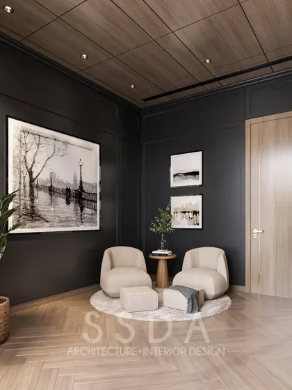 This study and hobby room is designed as a sophisticated retreat. While the black walls create a moody and dramatic atmosphere, wall to wall sliding doors open to the garden, balancing the bold interior with natural light and fresh greenery.