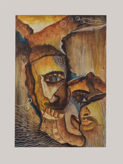"TWO IDENTITIES," a 4 by 2.5 feet acrylic on canvas. This abstract piece explores the concept of duality and the different faces we present to the world. It's available for purchase.