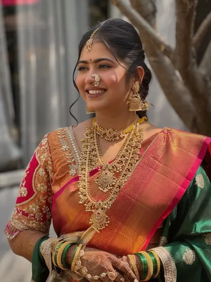 The complete look of our happy Maharashtrian bride. The vibrant colors of her nauvari saree are balanced with soft, elegant makeup.