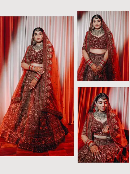 A set of three portraits of the bride, Nidhi, in her stunning red lehenga. The images capture her from different angles, showcasing her complete bridal look.