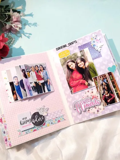 Inside the friendship scrapbook, I created layouts with space for multiple photos and sweet messages, capturing all the fun and cherished moments between friends.