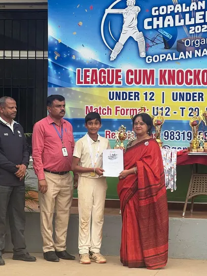 Our U12 captain, Pavandeep, receiving the man of the finals award at the Gopalan Challenge Cup.