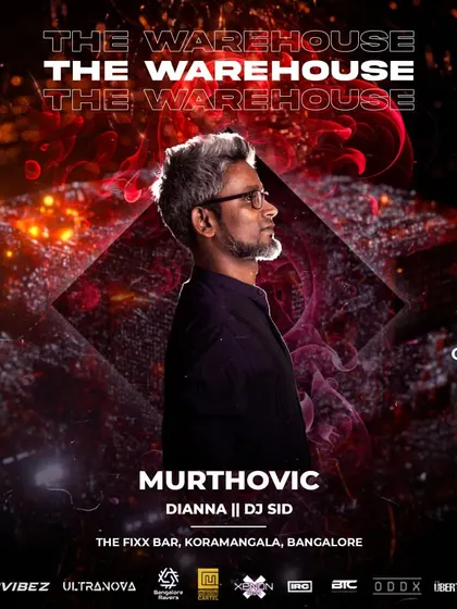 The main poster for "The Warehouse," featuring headliner Murthovic, a pioneer in the Indian electronic scene.