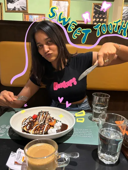 For the sweet tooths out there. This photo of me ready to dig into dessert gets a fun text doodle and some colorful accents.