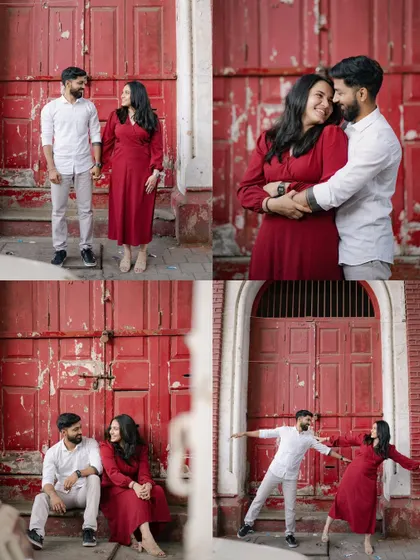 A four-photo collage of a couple in front of a bold red door, showing a variety of playful and romantic poses. This is a great way to showcase different interactions from one location.
