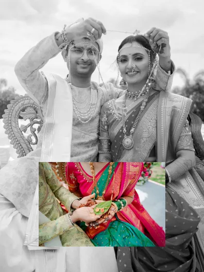 An artistic collage combining a black and white portrait of the couple with a color detail shot of a wedding ritual.