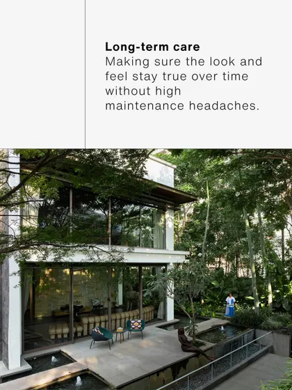 A graphic about the "Long-Term Care" challenge, emphasizing the need for low-maintenance design that remains beautiful over time. This shows a focus on practical, sustainable outcomes for the client.