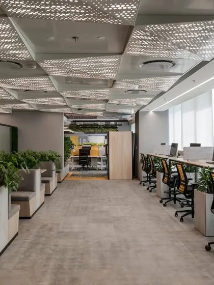 A flexible workspace with booth seating and hot desks, featuring patterned acoustic ceiling panels. The design incorporates planters to divide the space and improve air quality, creating a productive and healthy environment.