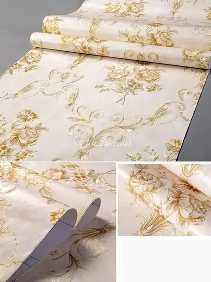 A collage of a gold and cream floral wallpaper roll, emphasizing its metallic sheen.