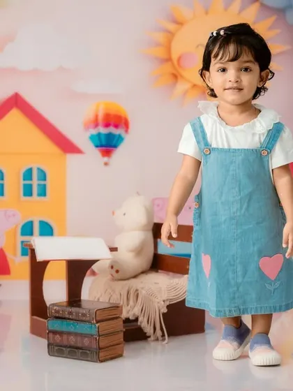 A sweet, posed shot in the middle of the vibrant and fun Peppa Pig setup.