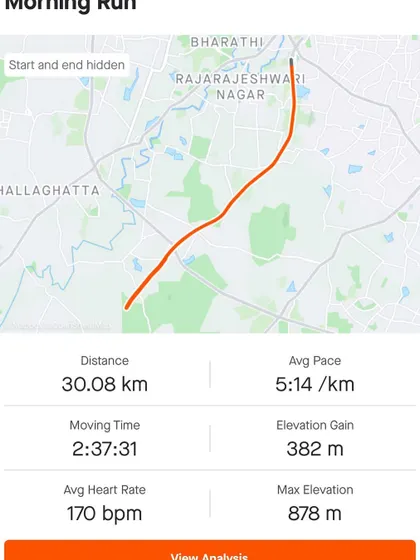 The data behind a successful 30k training race. This map and stats show the distance, pace, and elevation gain from the Ajmera Thump Run, a crucial part of my marathon prep.
