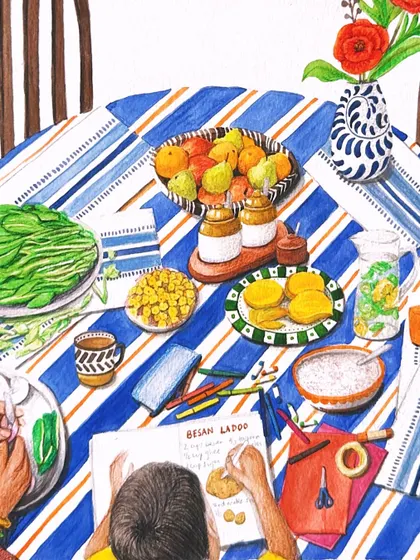 A sneak peek at the artwork for our 'Cook & Keep' journal. From besan ladoos to recipe notes in little hands, this project is all about food, family, and the memories we're made of.