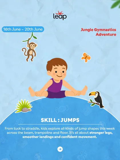 The Jungle Gymnastics Adventure week focuses on jumps. Kids explore tuck and straddle jumps across the beam, trampoline, and floor, building stronger legs and confident movement.