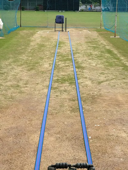 A view from behind the stumps of our bowling target drill. It's all about perspective and visualization.