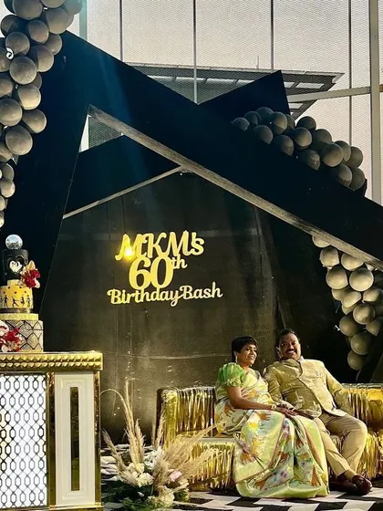The happy couple for whom we planned the 60th birthday bash, seated on the custom-designed stage.