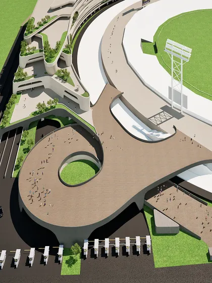 An aerial render showing the main pedestrian plaza and its connection to the stadium.