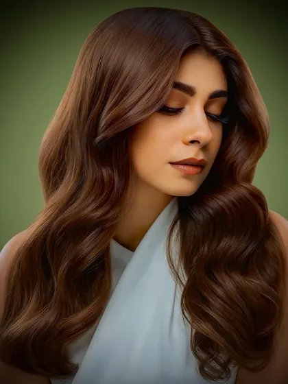 A close-up portrait showcasing the soft texture and rich color of this wavy brunette style from our official campaign.