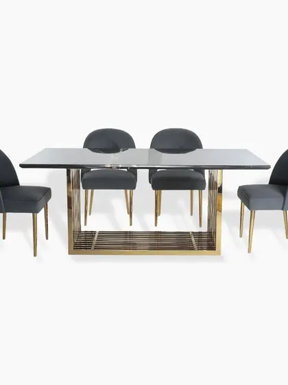 A 4-seater version of my modern dining set. The compact design is ideal for smaller commercial spaces or apartments without compromising on the luxurious feel of the PVD gold base and grey suede chairs.