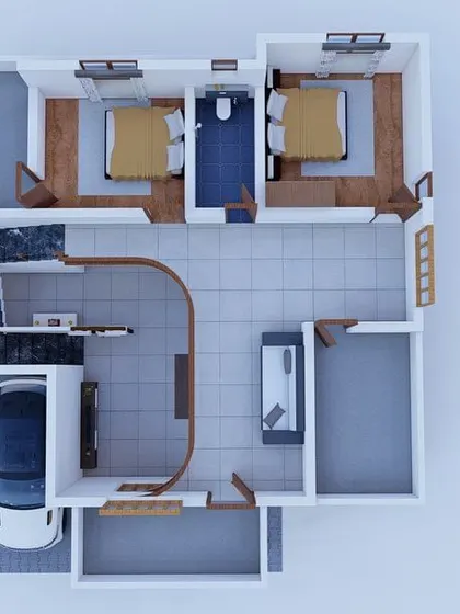 An identical top-down 3D floor plan, providing a clear and simple visualization of the home's layout.