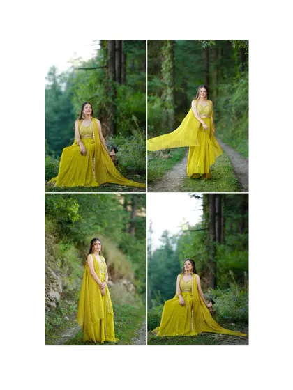 A four-panel grid of the bride in her yellow Mehandi outfit, posing in a forest path. The images showcase the flowing dress and the beautiful natural light.