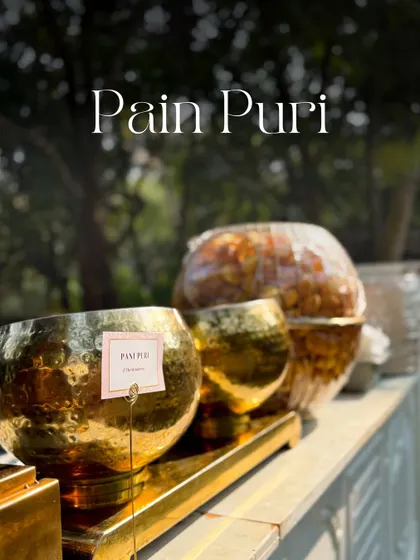 A close-up of the Pani Puri station, showcasing the gleaming brass bowls and neatly arranged puris. It’s the small details that elevate a simple street food into a luxury experience.