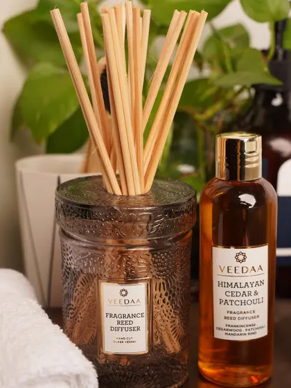 A must-try fragrance: Himalayan Cedar & Patchouli. This delicate blend of cedarwood, patchouli, mandarin rind, and frankincense is captured in our elegant reed diffuser.