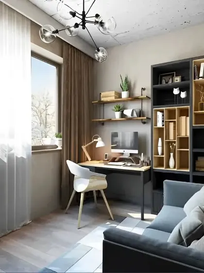 This cozy study nook is perfect for a small apartment. The design includes a compact desk, open shelving for books, and a comfortable sofa, creating a multi-purpose room.