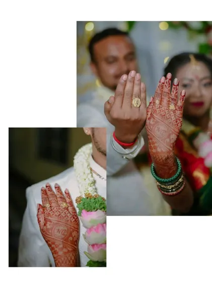 A collage from a ring ceremony, focusing on the couple proudly displaying their rings. The intricate mehendi on the bride's hands adds another layer of traditional beauty.