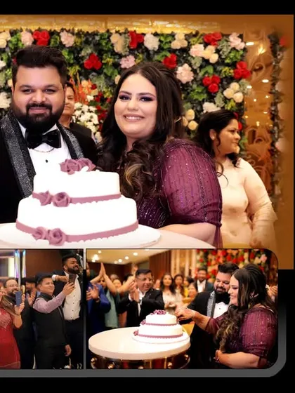 An album collage capturing the joy of an engagement, from the cake cutting ceremony with family to a beautiful portrait of the bride.