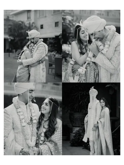 A set of black and white portraits of Tanvi and Dhrupad. This timeless style emphasizes their emotions and the quiet, happy moments on their wedding day.