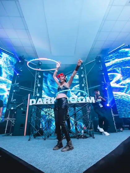 A solo moment with the LED hoop, feeling the music and the energy of the festival crowd. Performing for artists I admire is always a huge thrill.