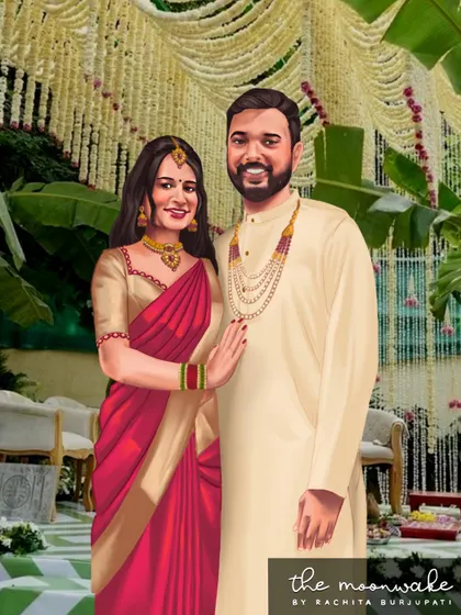 Another example of combining a digital portrait with a photograph of the wedding mandap. This style adds a unique, artistic touch to traditional wedding stationery.