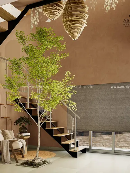 Another angle of the duplex, showcasing the floating staircase and the cozy reading nook. The design is a beautiful blend of rustic, natural, and modern elements.