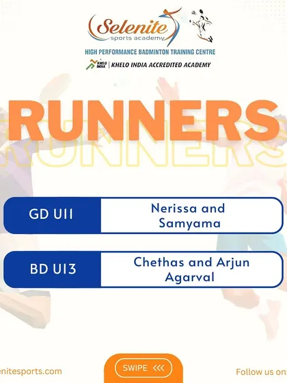 Strong runner-up finishes for Nerissa & Samyama (U-11 GD) and Chethas & Arjun (U-13 BD) at the PSM Open tournament.