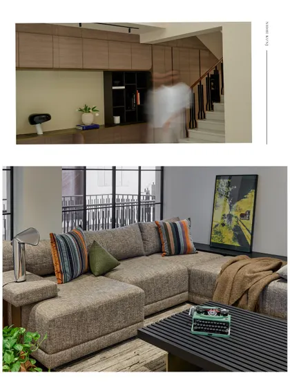 A collage showing different functional spaces within the Nidhi Kunj home. The design prioritizes comfort and livability, with custom cabinetry and lounge areas tailored to the family's lifestyle.