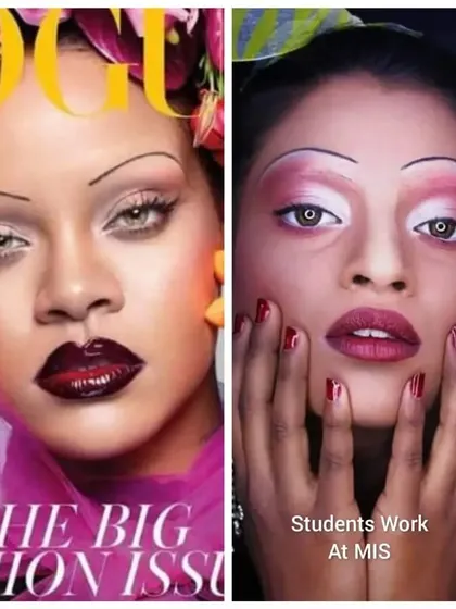 A recreation of a famous Vogue cover look, done by one of my students. This showcases the eyebrow erasing technique and bold color application taught in my media makeup courses.