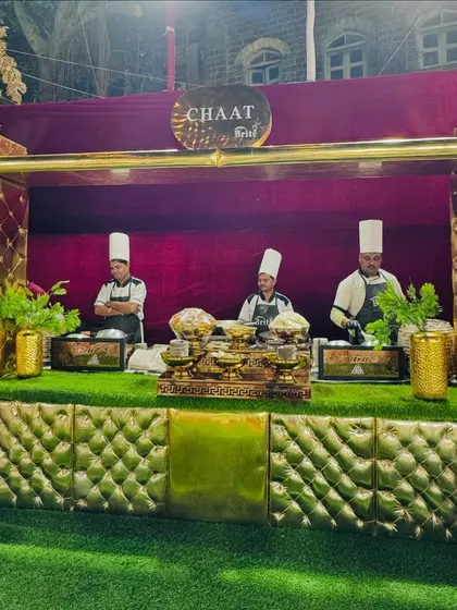 My lavishly decorated golden chaat counter, where three chefs are ready to serve a variety of Indian street food classics.