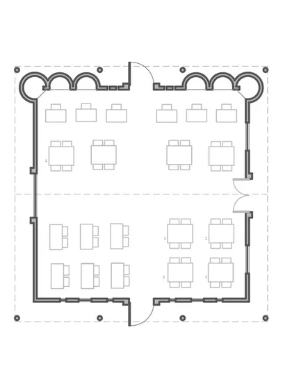 The floor plan for the Spastic Society classroom, illustrating the simple, efficient layout designed for accessibility and flexible use.