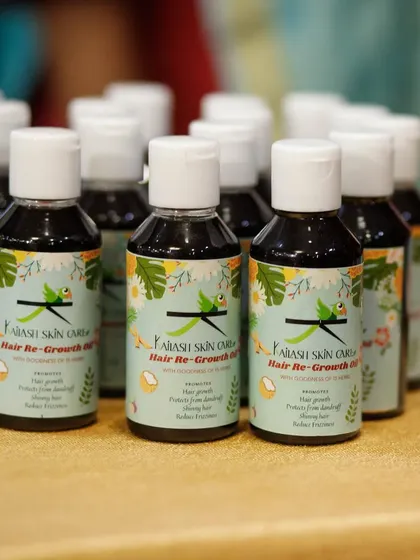 A batch of my Hair Re-Growth oil bottles, ready for an event. This oil is made with natural Indian herbs to nourish your hair from root to tip.