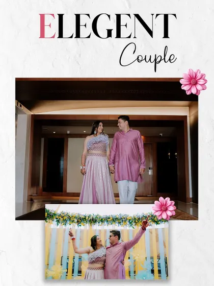 A collage of the couple from their Haldi celebration, combining a walking shot with a fun, celebratory pose.